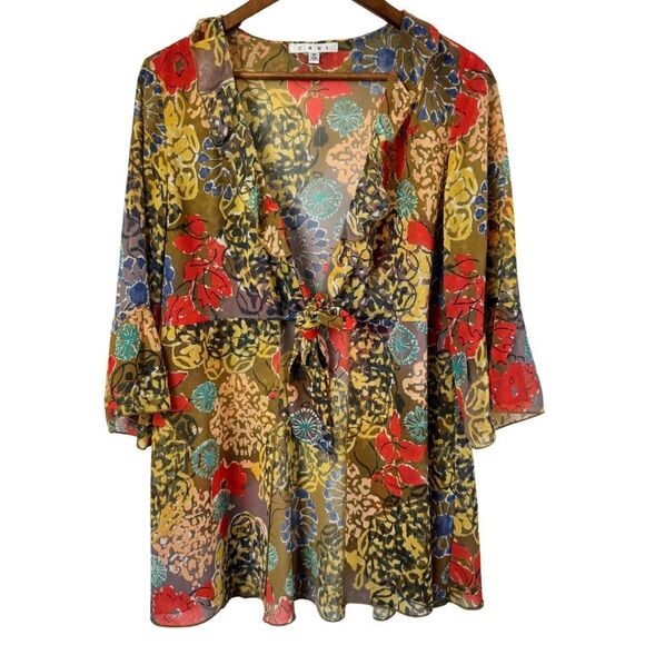 CAbi Floral Print Front Tie Empire Waist Shakespeare Tunic Blouse Size Medium - Picture 1 of 8
